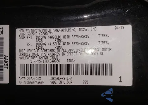 2019 Toyota Tundra Limited 5.7L V8 z USA, uszkodzony, nr VIN 5TFHY5F17KX840036